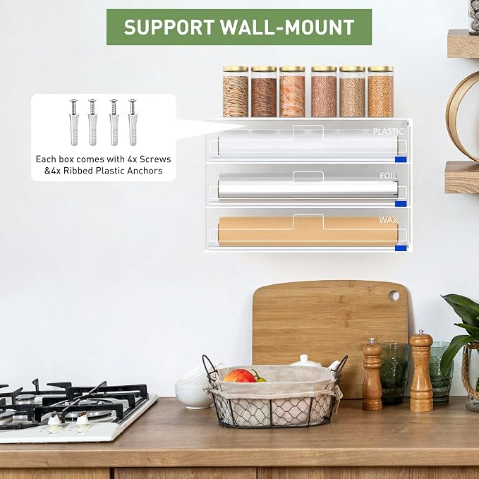 Kitchen Wrap Organizer, Foil and Plastic Wrap Organizer 3 in 1 with Sliding Cutter, Acrylic Wrap Dispenser for Drawer or Wall Mount, Fits 12 Inch Rolls
