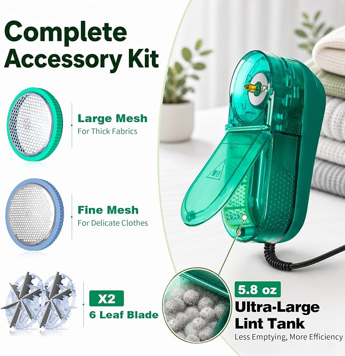 Fabric Shaver for Clothing and Furniture, 40W Commercial Corded Lint Remover, 13,000 RPM Clothes Shaver, 12 ft Cable, 5.8 oz Bin, Six-Leaf Blades for Dry Cleaners and Home Use