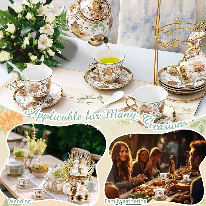 Zhehao 20 Pcs Porcelain Tea Set with Metal Holder and Spoon Adult Ceramic Tea Set European Flower Painting Teapot Cup Saucer Spoon for Women Mom Gift, Large Version (Elegant Style)