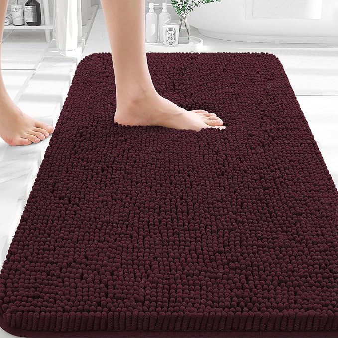 OLANLY Bathroom Rugs 30x18, Extra Soft Absorbent Chenille Bath Rugs, Rubber Backing Quick Dry, Machine Washable Bath Mats for Bathroom Floor, Tub and Shower, Home Decor Accessories, Black Cherry
