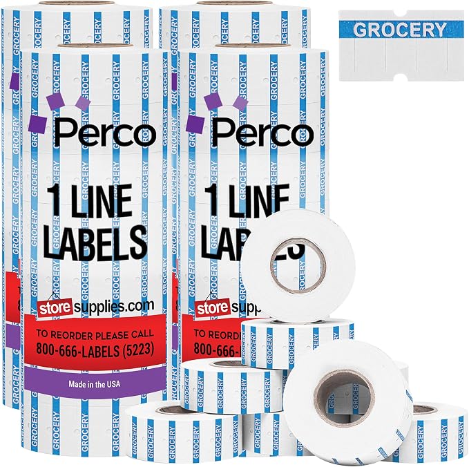 Perco 1 Line Blue Reverse Print on White Grocery Labels—32,000 Labels for Perco Lite, X, Plus & Pro Guns—with Tamper-Proof Design for Supermarkets, Corner Stores and More—32 Rolls, 4 Sleeves—USA Made