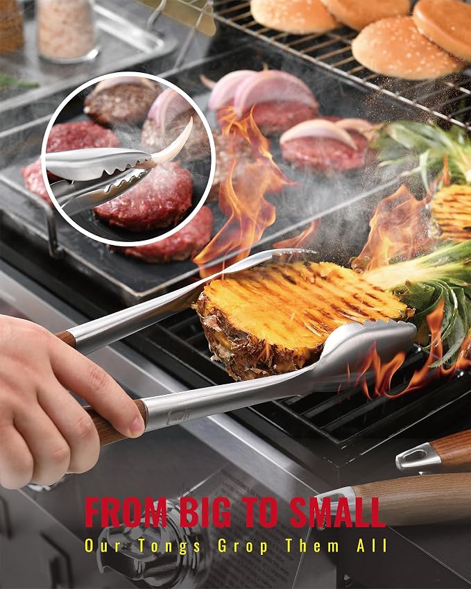 Heavy-Duty Heat-Treated Ash Wood BBQ Grilling Tools Set | Extra-Thick Stainless Steel Spatula, Fork & Tongs | Essential Barbecue Accessories, for Grill Enthusiasts