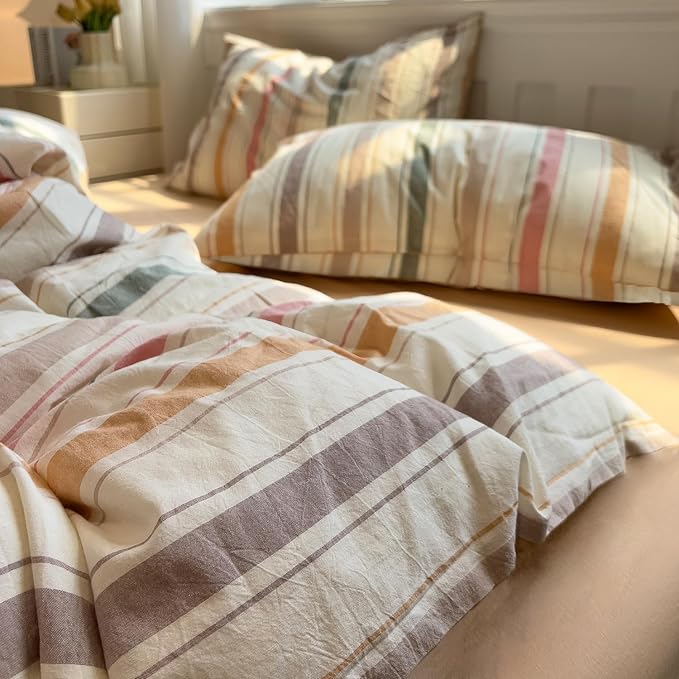 mixinni Vintage Striped Duvet Cover Set Twin XL, 3-Piece 100% Washed Cotton Bedding Set - Soft & Breathable Colorful Comforter Cover with Zipper, All-Season Lightweight Bed Set for Cozy Home