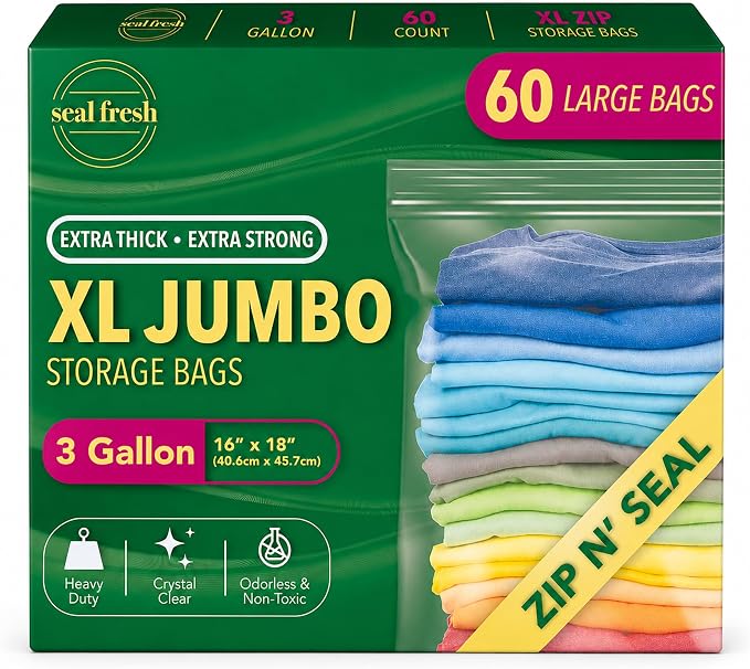 Seal Fresh 3 Gallon Large Plastic Storage Bags – 16" x 18" (60 Count) – Reusable XXL Extra Large Clear Jumbo Zip Bags with Sealable Zipper Top For Clothes, Travel, Moving