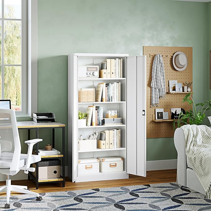 Metal Garage Storage Cabinets with Lock Door and Adjustable Shelves, Steel Tool Cabinets for Home,Office,Warehouse Organisieren (White, 71" H)