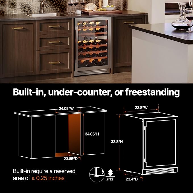 Ca'Lefort 24-Inch Wine Fridge, 52-Bottle Dual Zone Wine Cooler, 40–65°F Digital Temp Control, 3-color LED Adjustable Shelf, Under Counter, Built-in or Freestanding for Home Bar Kitchen(5.7 cu.ft)