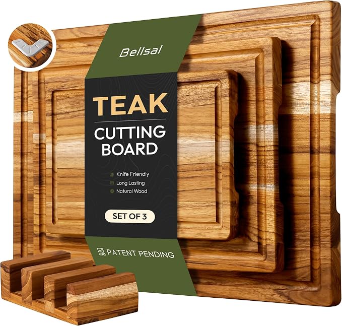 3 Pack Teak Wood Cutting Board Set for Kitchen Charcuterie Board Serving Heavy Duty Non Toxic Slip Over Sink Solid Thick Haus Wooden Chopping Board Large Big Small Meat Kitchen Essential Gift