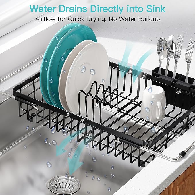 JASIWAY Black Dish Drying Rack Over the Sink with Utensil Holder | Expandable Stainless Steel Dish Driainers for Small Kitchen, Counter Space Saving, Fast Drain, Rust Resistant, For Apartment