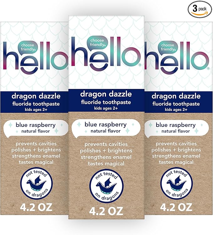 Hello Dragon Dazzle Kids Toothpaste with Fluoride, Blue Raspberry Toothpaste, 4.2 Oz Tube (Pack of 3) | For Kids Ages 2 and Up, Helps Prevent Cavities, Strengthens Enamel, Polishes and Whitens Teeth, SLS Free, Vegan