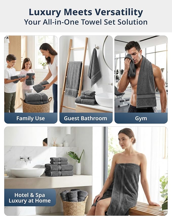 LANE LINEN Bath Towel Set 100% Cotton 18 Piece Soft Absorbent - Grey | Cotton Towel Set - Densely Woven, Coordinated Colors, Everyday Durability, OEKO-TEX Certified, Zero-Twist Durability