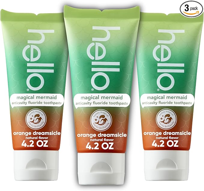Hello Magical Mermaid Kids Toothpaste with Fluoride, Orange Dreamsicle Flavor Toothpaste for Kids, Safe for Ages 2 and Up, Helps Prevent Cavities, Strengthen Enamel, Polish Teeth, 3 Pack, 4.2 Oz Each | Fluoride Formulated, Safe for Ages 2 and Up, Helps...
