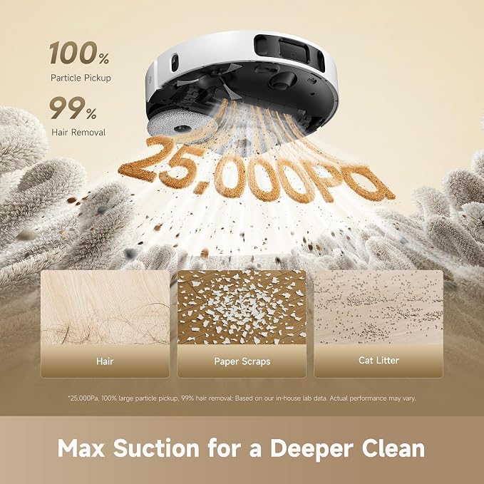 DREAME D30 Ultra CE Robot Vacuum and Mop with Auto Dust Emptying, 25,000Pa Suction, 0.41in Mop Lifting, Multifunctional Base Station, Mop Self-Washing, Smart Obstacle Avoidance, White