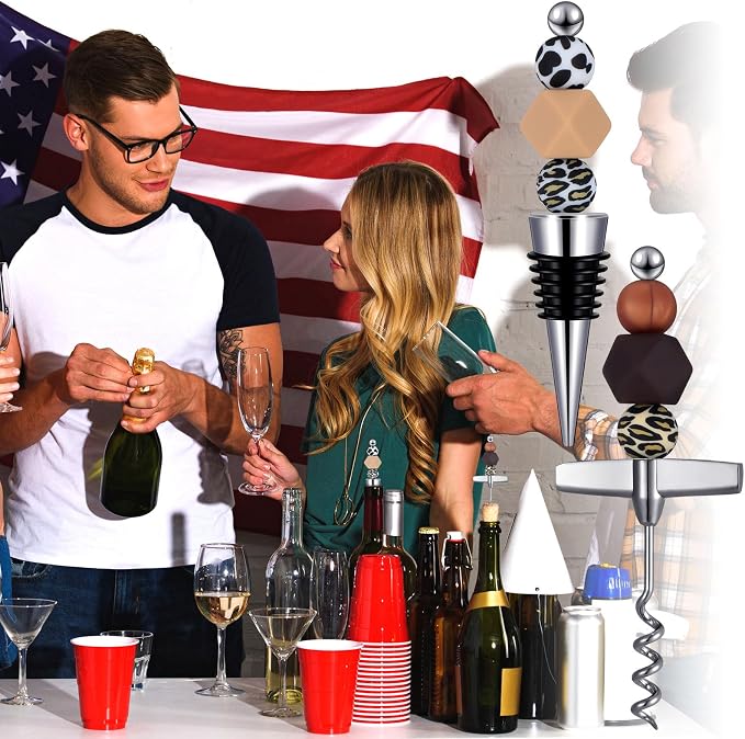 Hushee 40 Pcs Beadable Wine Stoppers with Travel Corkscrew Set Decorative Beaded Wine Bottle Stopper Alloy Saver Beadable Bottle Opener Cork Remover for Kitchen Bar Restaurant Beverage Gifts
