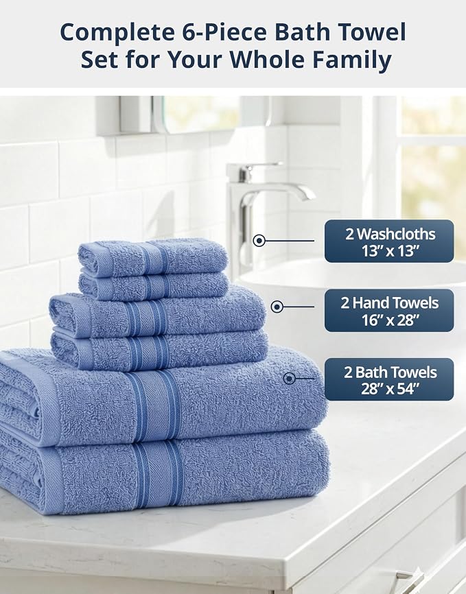 LANE LINEN Towel Set for Bathroom 6 Piece Soft Absorbent Quick Dry - Allure | Towels And Washcloths Sets - Oversized & Roomy, Lightweight & Breathable, Fade-Resistant Color, Classic Terry Weave