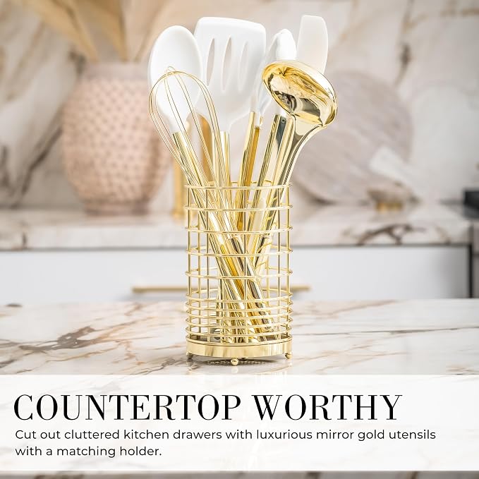 Styled Settings White and Gold Kitchen Utensils Set - 15-Piece BPA free, Non-Scratch, Utensils Set Includes White Silicone Cooking Utensils and Measuring Cups and Spoons