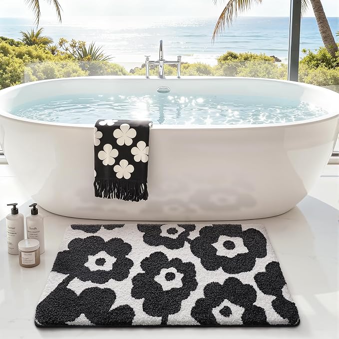 LUMI Bathroom Rugs Cute Floral Design, Soft Absorbent Microfiber Bath Mat Non-Slip, Machine Washable Quick Dry Luxury Rug Flower Black and White for Floor, Bathtub, Home Decor, 24"x36"