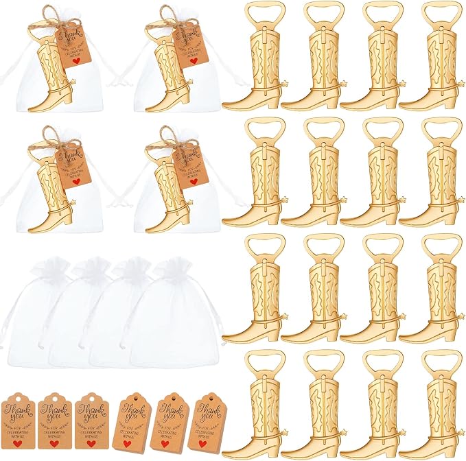 99 Pcs Cowboy Boot Bottle Opener Set Cowgirl Western Derby Wedding Party Favor Includes Cowboy Beer Bottle Opener Organza Bag Thank You Tag and Jute Rope for Guest Wedding Party Baby Shower