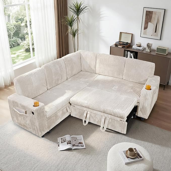 L Shaped Sectional Sleeper Sofa, Pull Out Couch with Storage, Beige | Pull Out Bed, 5 Seat Modular Design, Soft Corduroy Fabric, USB Charging, Cup Holders, Removable Covers, Easy Assembly