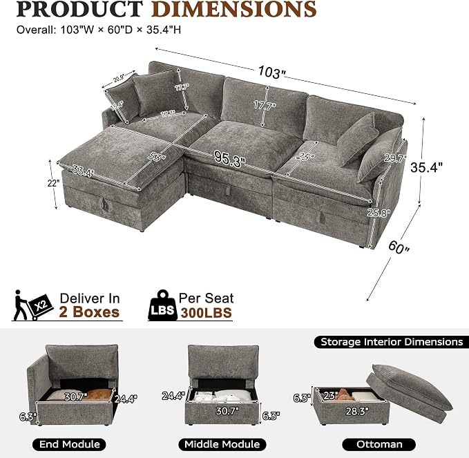 Ihanherry 103" Modular Sectional Sofa with Storage, L Shaped Cloud Couch with Movable Ottomans & Throw Pillows, Chenille Deep Seat Sectional Couches for Living Room, Apartment (Grey)
