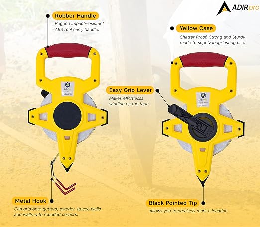 AdirPro 100 ft Fiberglass Measuring Tape | Appraiser's Tape Rule with Extra-Large Metal End Hook | Ideal for Surveyors, Appraisers & Landscapers