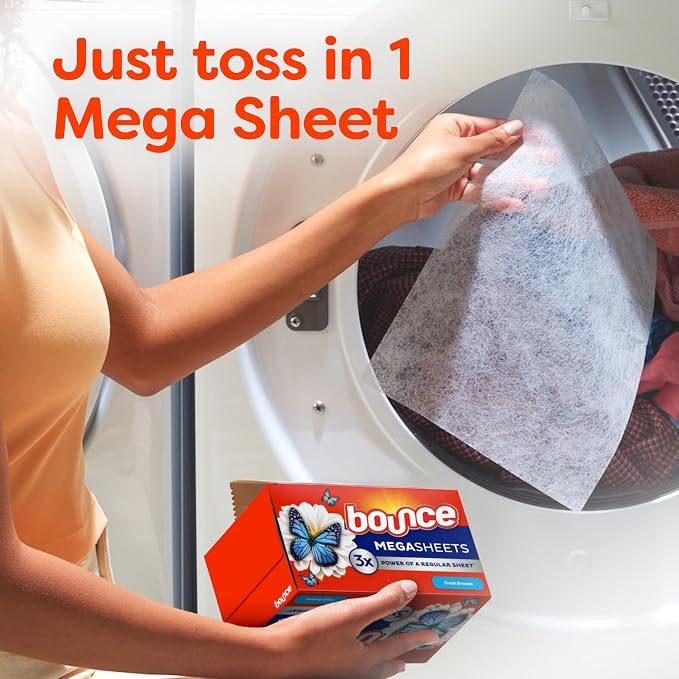 Bounce Mega Dryer Sheets, Fresh Breeze, 130 Count, Mega Fabric Softener Sheets with Static Control, Wrinkle Reduction, Extra Softness, Lasting Scent, Repels Lint (Pack of 3)