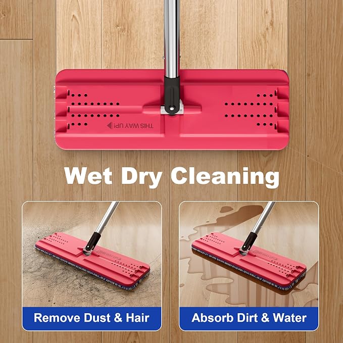 JOYMOOP Mop and Bucket with Wringer Set, Hands Free Flat Floor Mop and Bucket, with 6 Washable Microfiber Pads, Wet and Dry Use, Floor Cleaning System - Black+Red+Slate Blue