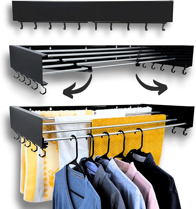 Foldable Wall Mounted Drying Rack - 31.5” Wide, 13.2 Ft Drying Space, 5 Aluminum Rods, Supports Up to 60 lbs - Retractable & Foldable Space-Saving Wall Mounted Clothes Drying Rack (Black)
