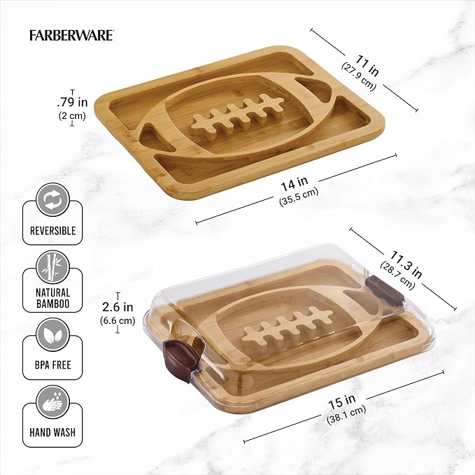 Farberware Build-A-Board Football Bamboo Charcuterie Board with Clear Locking Lid, Reversible Cutting & Serving Board, Recessed Handles, Portable Game Day Snack Tray, 11 x 14 Inch, Make It, Take It