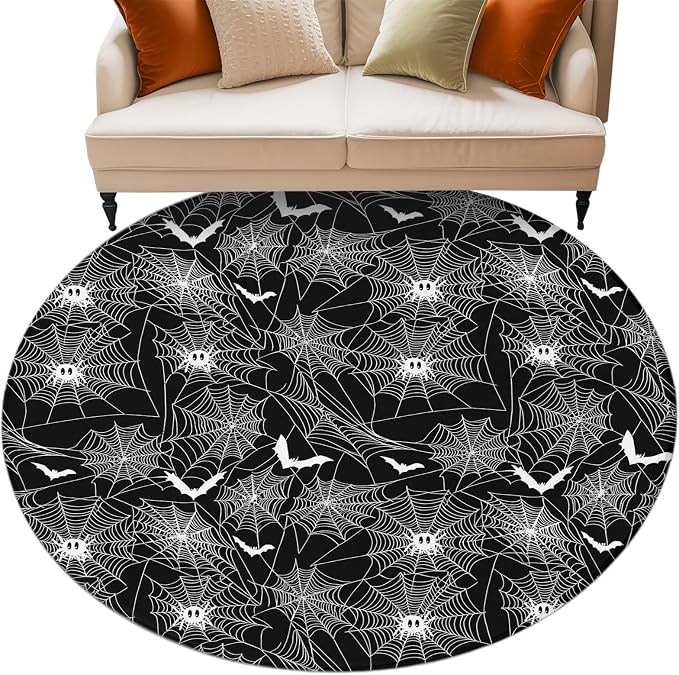 8 Ft Round Rug for Large Living Room, Halloween Indoor Accent Rugs for Apartment, Black Scary White Bat Animal Net Geometric Decorative Circle Carpet Washable Low Pile Non Slip, Rug for Bedroom/Office