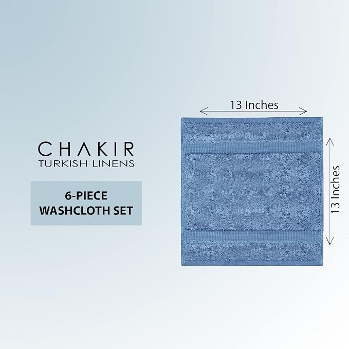 Chakir Turkish Linens 6 Piece Washcloth Set, 100% Cotton Turkish Washcloths for Bathroom, Luxury Soft Absorbent Face Towels, 13 x 13 Inches, Wedgewood