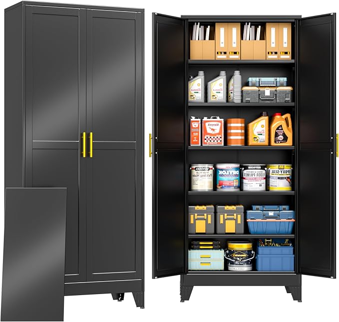 PAOFIN 75" Metal Storage Cabinet with 2 Doors and 5 Adjustable Shelves,Black Metal Garage Storage Cabinets, File Cabinet,Steel Tool Cabinets for Home,Office,Garage,School,Warehouse