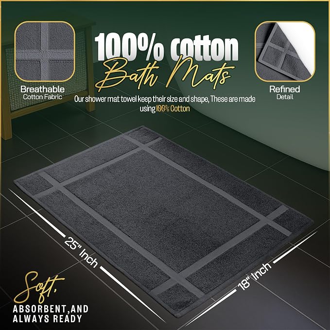 Pearl Linens 100% Ring Spun Cotton Bath Mat (Pack of 6) 18 x 25 Inch, Washable, Soft & Absorbent Terry Bathroom Floor Mat – Not Bathroom Rugs – Quick-Dry After Shower Bath Mat, 781 GSM, Grey