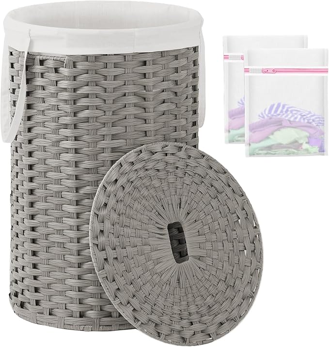 SETVSON Large Laundry Hamper Laundry Basket with Lid, Round PE Rattan, Gray | 130L Large Woven Basket with Lid, Removable Washable Liner Bag, 2 Mesh Laundry Bags, Foldable Long Side Handles