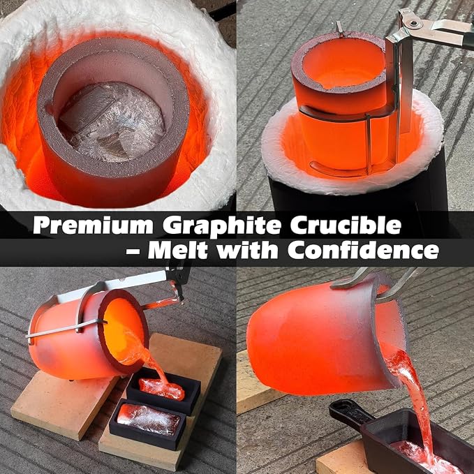 CANALHOUT 6kg Crucible Tongs Set for Melting Metal | 2-in-1 Lifting & Pouring Tong w/ Spouted Graphite Crucible, Ingot Mold & Gloves, for Metal Melting Jewelry Casting