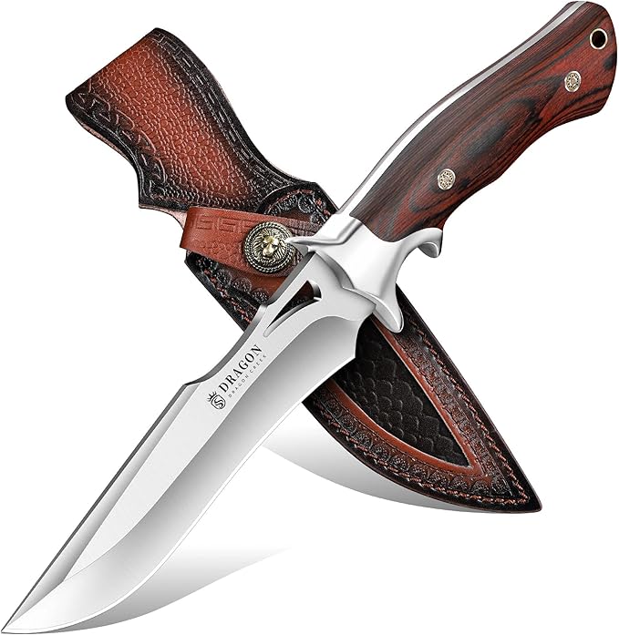 Dragon Creek Fixed Blade Knife - Bowie Knife with Wooden Handle | with Leather Sheath for Fishing Camping Men Gift