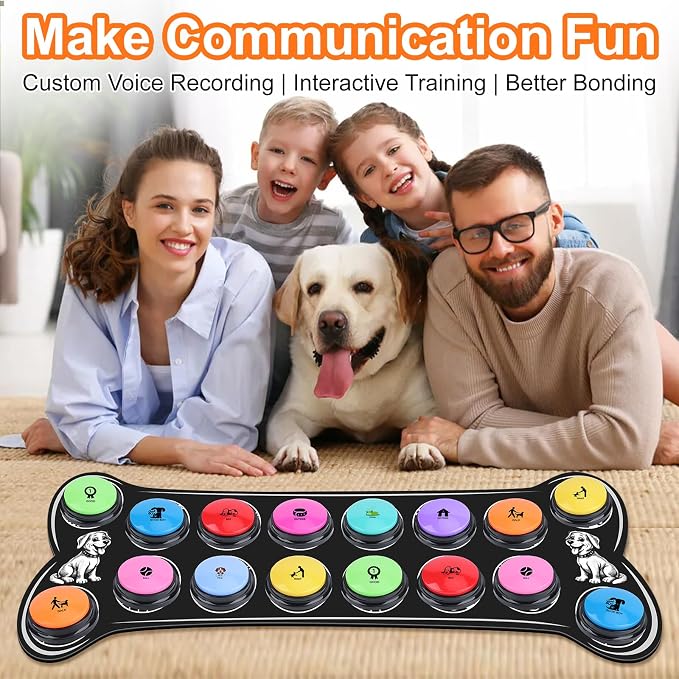 Dog Buttons for Communication,16 Pcs Talking Button Set with 30s Recordable Voice Pet Training Buzzers with Mat & 2 Stickers, Talking Buttons for Dogs & Cats (Batteries Not Included)