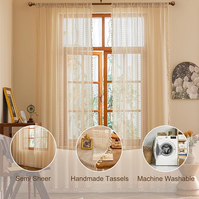 Sutuo Home Beige Boho Vintage Lace Curtains 108 inches Long for Dining Room Living Room, Rustic Semi Sheer Curtains Farmhouse Privacy Crochet Tassels Victorian Style Rod Pocket Decor, 2 Panels 50" W