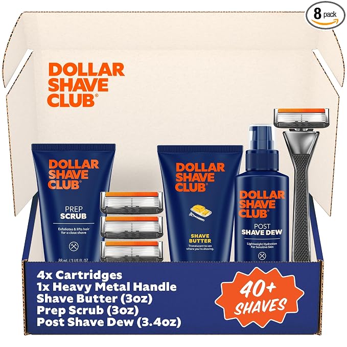 Dollar Shave Club | Total Package Gift Set | 4 Extra Close Refill Cartridges, 1 Heavy Metal Handle, 1 Prep Scrub 3 ounce, 1 Shave Butter 3 ounce, 1 Post Shave Dew 3.4 ounce, Razors for Men