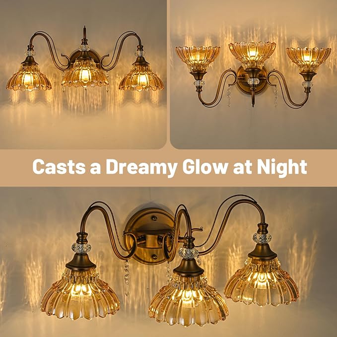 Vintage Bathroom Vanity Light, 3-Light Matte Antique Brass Finish Wall Sconce with Hanging Crystal Accents and Flower-Shaped Amber Glass Shades, Retro Wall Mount Vanity Light Over Mirror for Bathroom