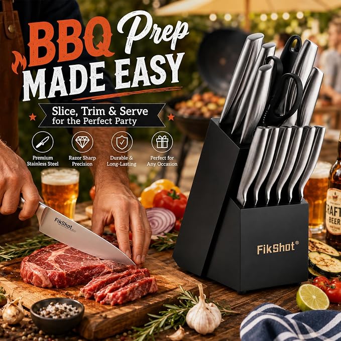 FIKSHOT Kitchen Knife Set, German Stainless Steel kitchen knives | 14-Piece Includes Knife Block Set & Sharpener, High Carbon, Rust-Resistant, Ergonomic Handle for Cooking, Grilling & Gifting