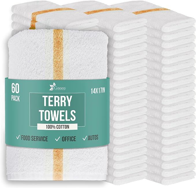 GREEN LIFESTYLE Terry Towels 14" x 17" 60 Pack - Cotton Bar Towels, Cleaning Rags, Absorbent Terry Cloth Kitchen Towels for Restaurant, Food Service and Home Use (White with Orange Stripe)