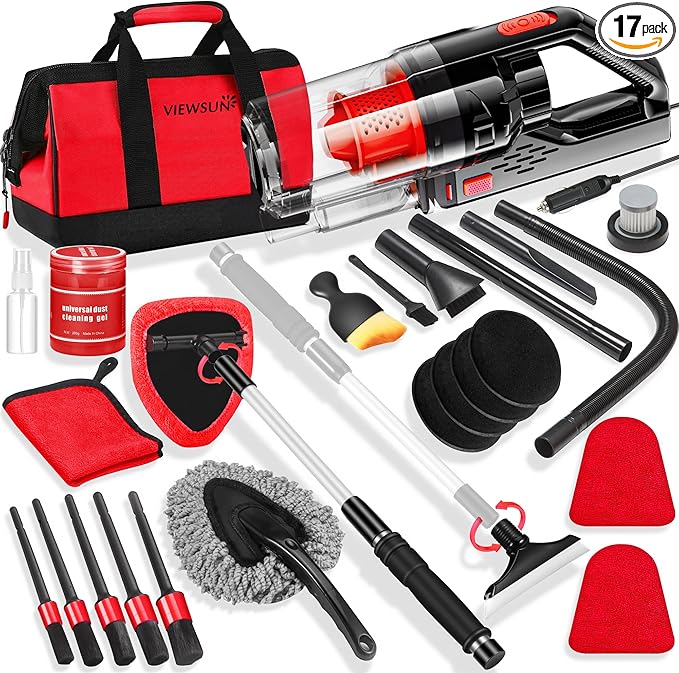 17PCS Car Cleaning Kit, Red Car Interior Detailing Kit with High Power Handheld Vacuum, Detailing Brush Set, Windshield Cleaner, Cleaning Gel, Complete Auto Accessories for Women Girls Gift