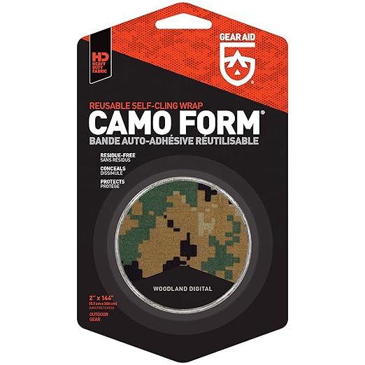 GEAR AID Camo Form Self-Cling and Reusable Fabric Camouflage Wrap, Adds Grip and Shield Hands from Hot or Cold Surfaces to Protect You and Your Equipment, Woodland Digital, 2” x 144” Roll, 1 Pack