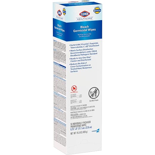 Clorox Healthcare Bleach Germicidal Individual Wipes, 6.75" x 9", 50 Count, Pack of 6 (Package May Vary)