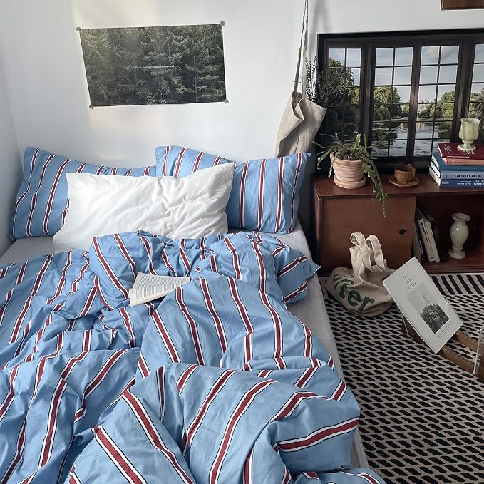mixinni Vintage Striped Blue Duvet Cover Queen - 100% Cotton Red Stripes 3-Piece Bedding Duvet Cover Set with Zipper Closure, Soft & Breathable Retro Design for All Seasons (Queen Size)