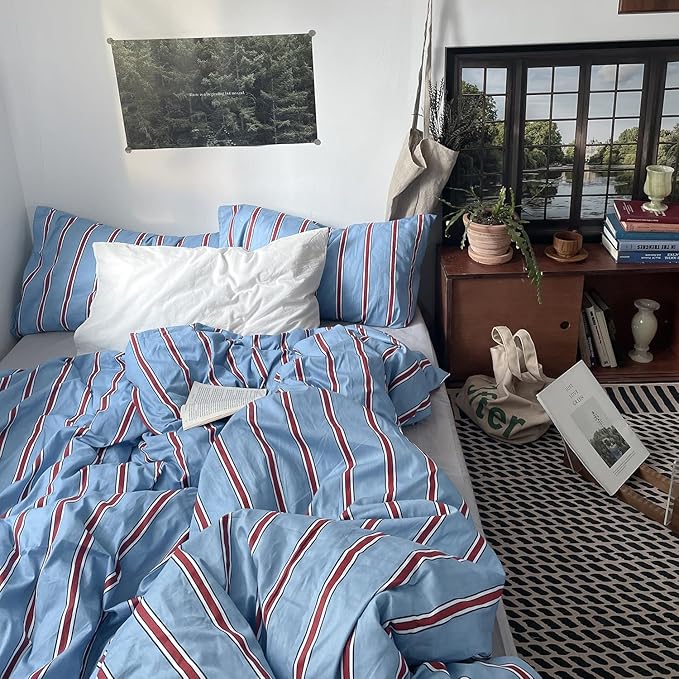 mixinni Vintage Striped Blue Duvet Cover Twin - 100% Cotton Red Stripes 3-Piece Bedding Duvet Cover Set with Zipper Closure, Soft & Breathable Retro Design for All Seasons (Twin Size)