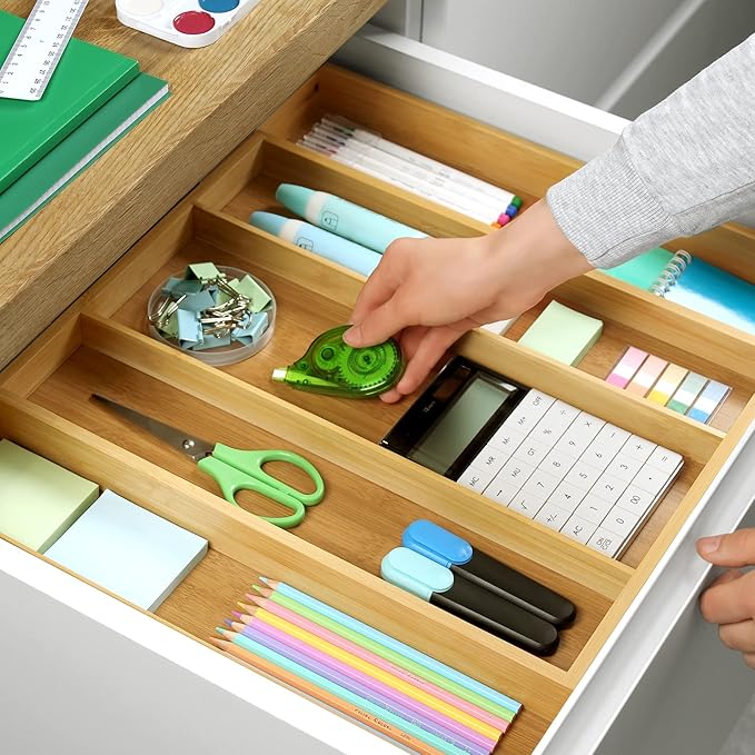 Luxury Bamboo Kitchen Drawer Organizer - Silverware Organizer - Utensil Holder and Cutlery Tray with Grooved Drawer Dividers for Flatware and Kitchen Utensils (5 Slot, Natural)