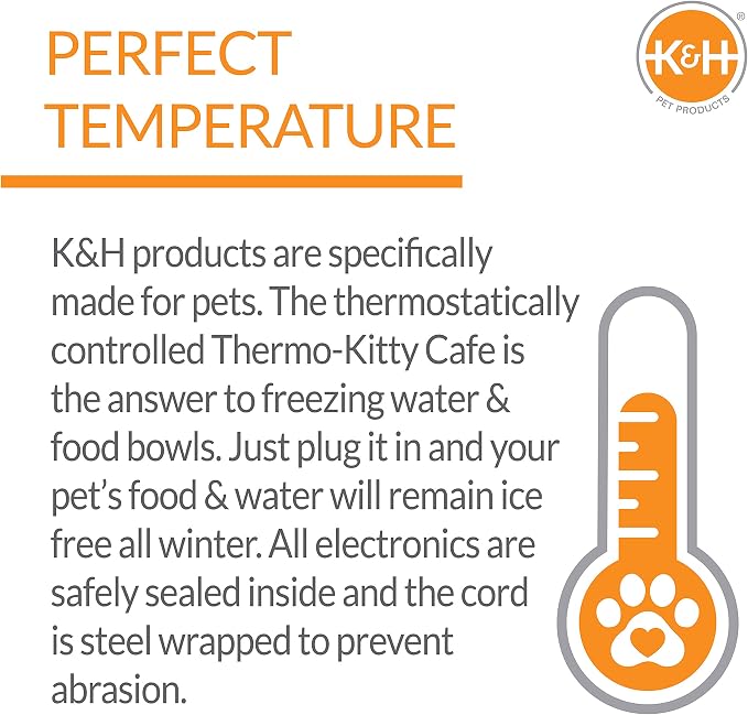 K&H Pet Products Outdoor Heated Cat Food & Water Bowls for Outside Pets, Thermo-Kitty Café Feral Cat Feeding Station, No Frozen Water or Food, Washable Bowls, Safety Listed - 12oz/24oz Stainless
