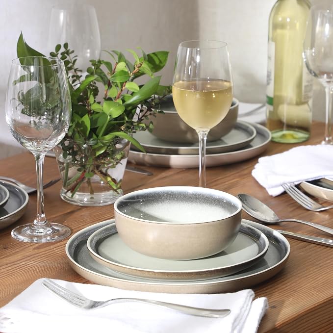 Gibson Elite Island Bay 12-Piece New Bone China Dinnerware Set Service for 4, Reactive Glaze Plates and Bowls, Dishwasher and Microwave Safe, Black and Cream