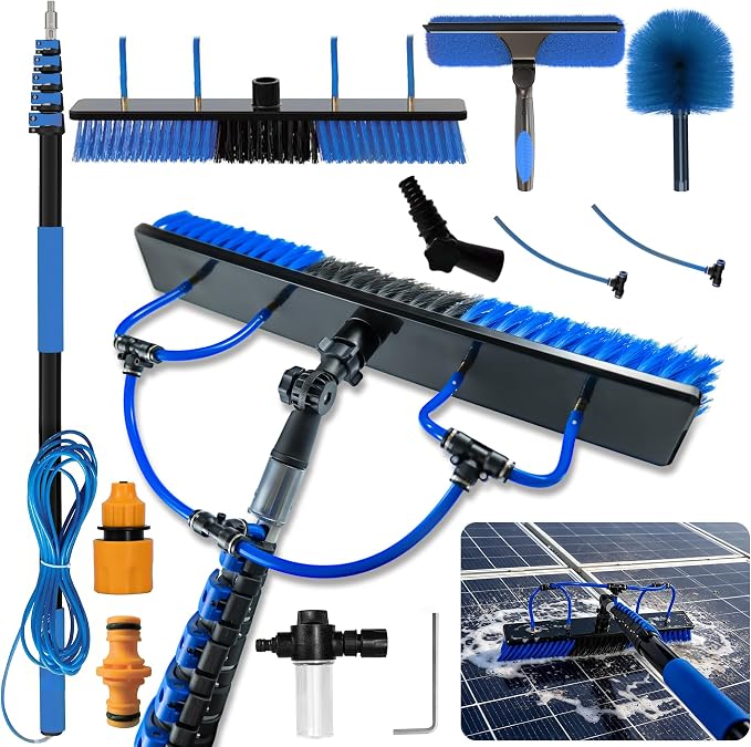 5-24 FT Solar Panel Cleaning Kit, Water Fed Pole Window Cleaning with Soap Dispenser, Window Washing Kit with Extension Pole, Squeegee and Cobweb Dusters for Windows, Solar Panels and Exterior Walls